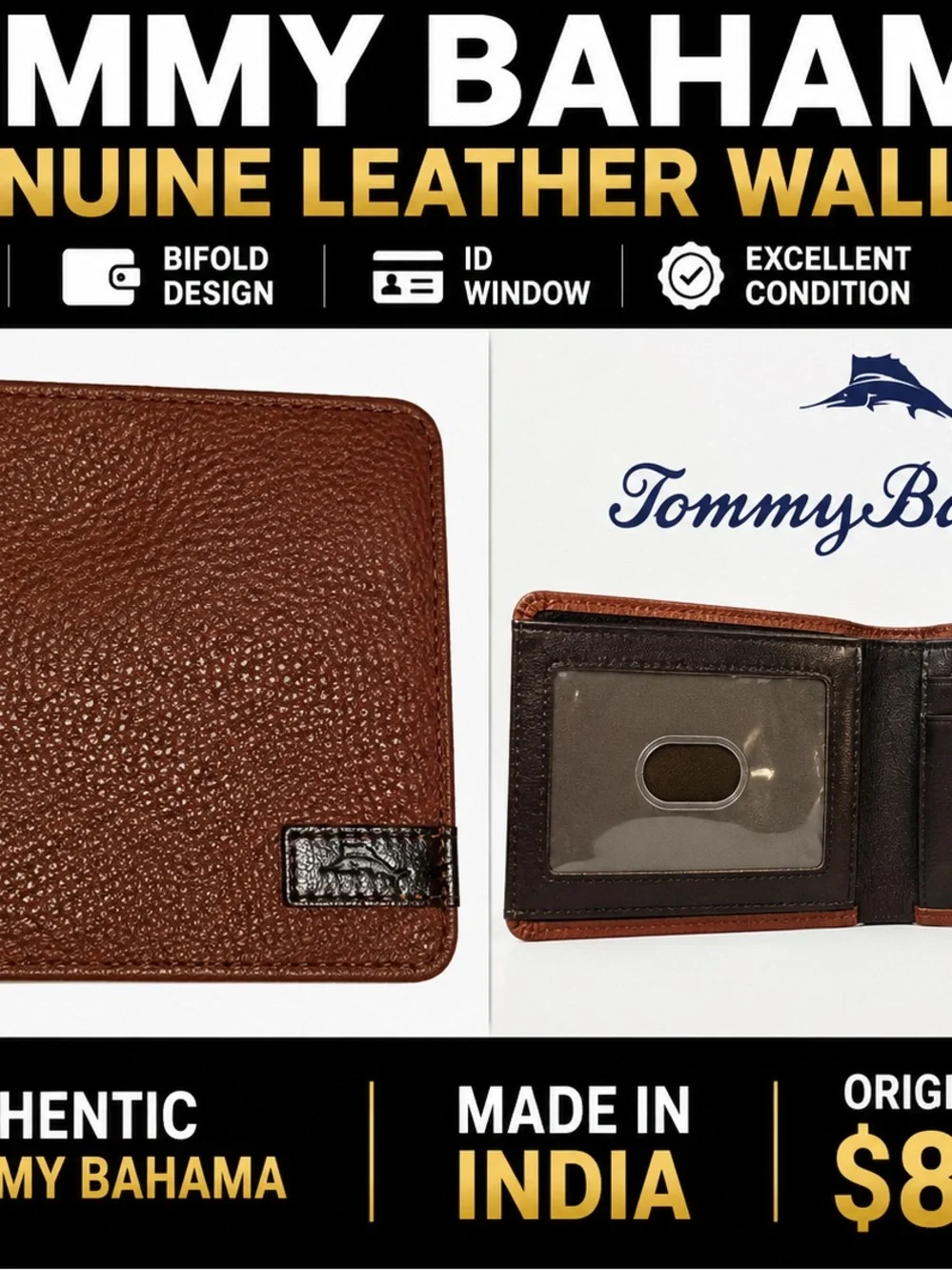 Tommy Bahama Brown Textured Genuine Leather Bifold Wallet with ID Window